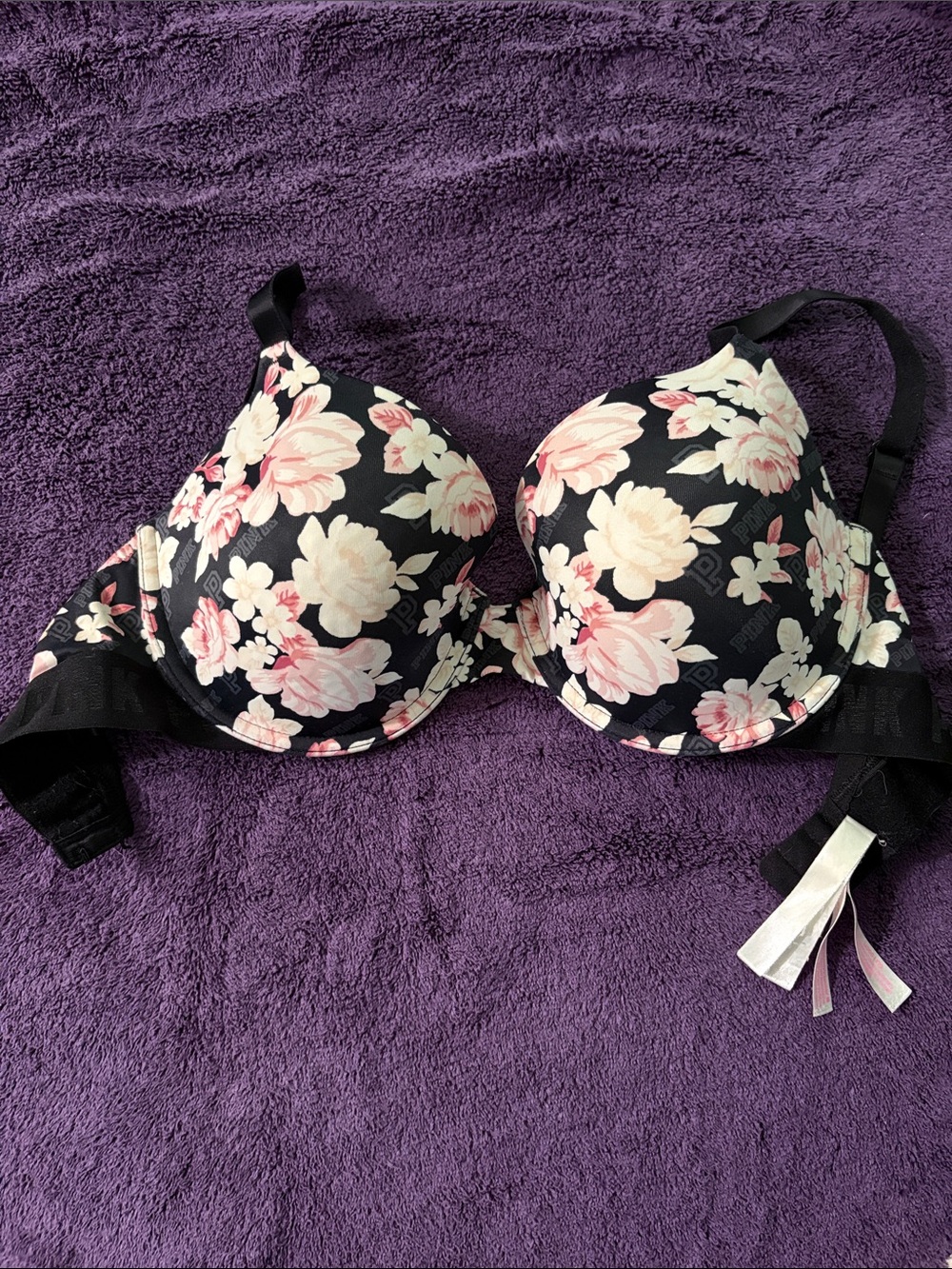 Victoria's Secret Black Bra with Pink and Cream Floral Print